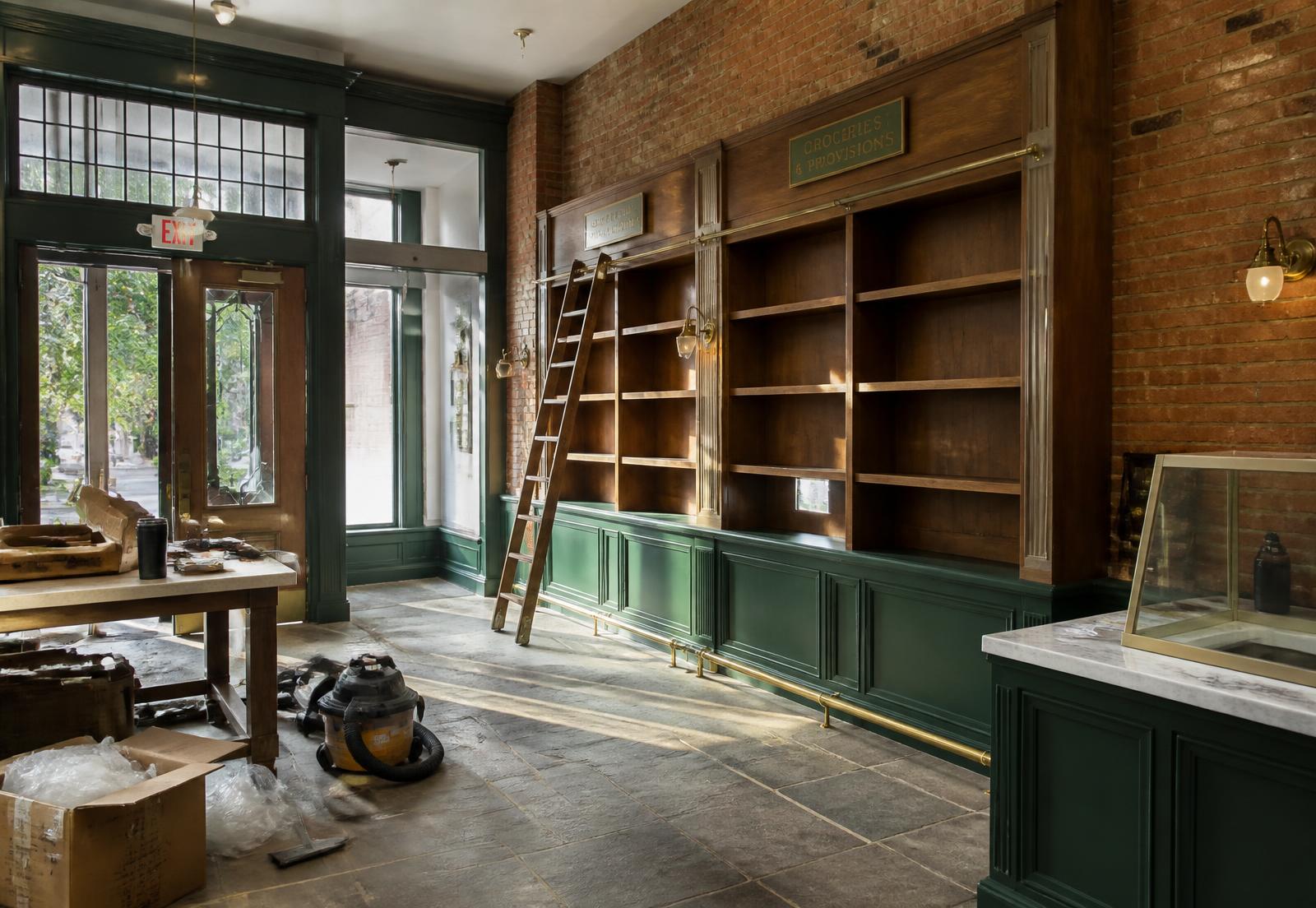 The interior of the general store mid-renovation: green painted wainscot, warm wood shelving, exposed brick, and stone floors.