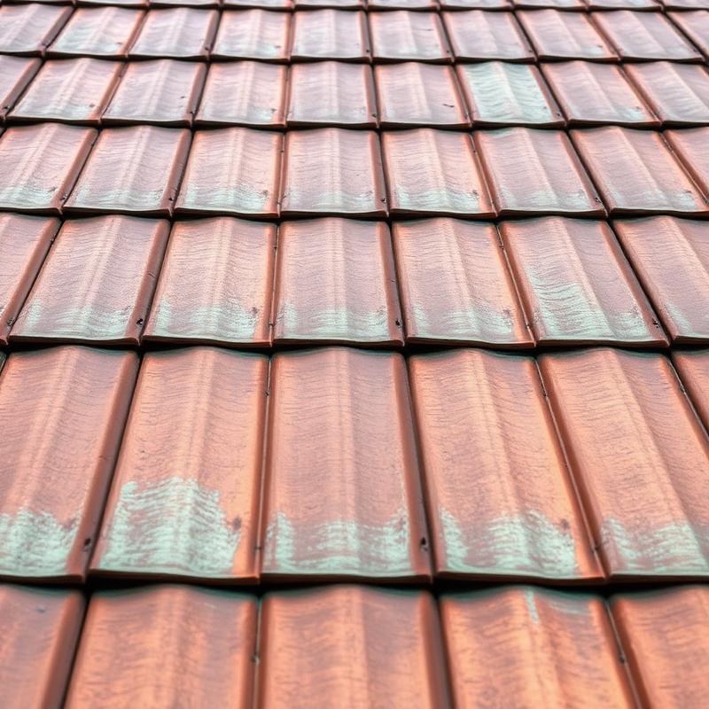 Close view of aged copper roof panels with green patina.